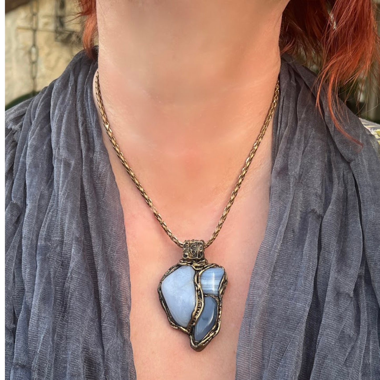 Blue Lace Agate & Chalcedony Large Stone Pendant Necklace