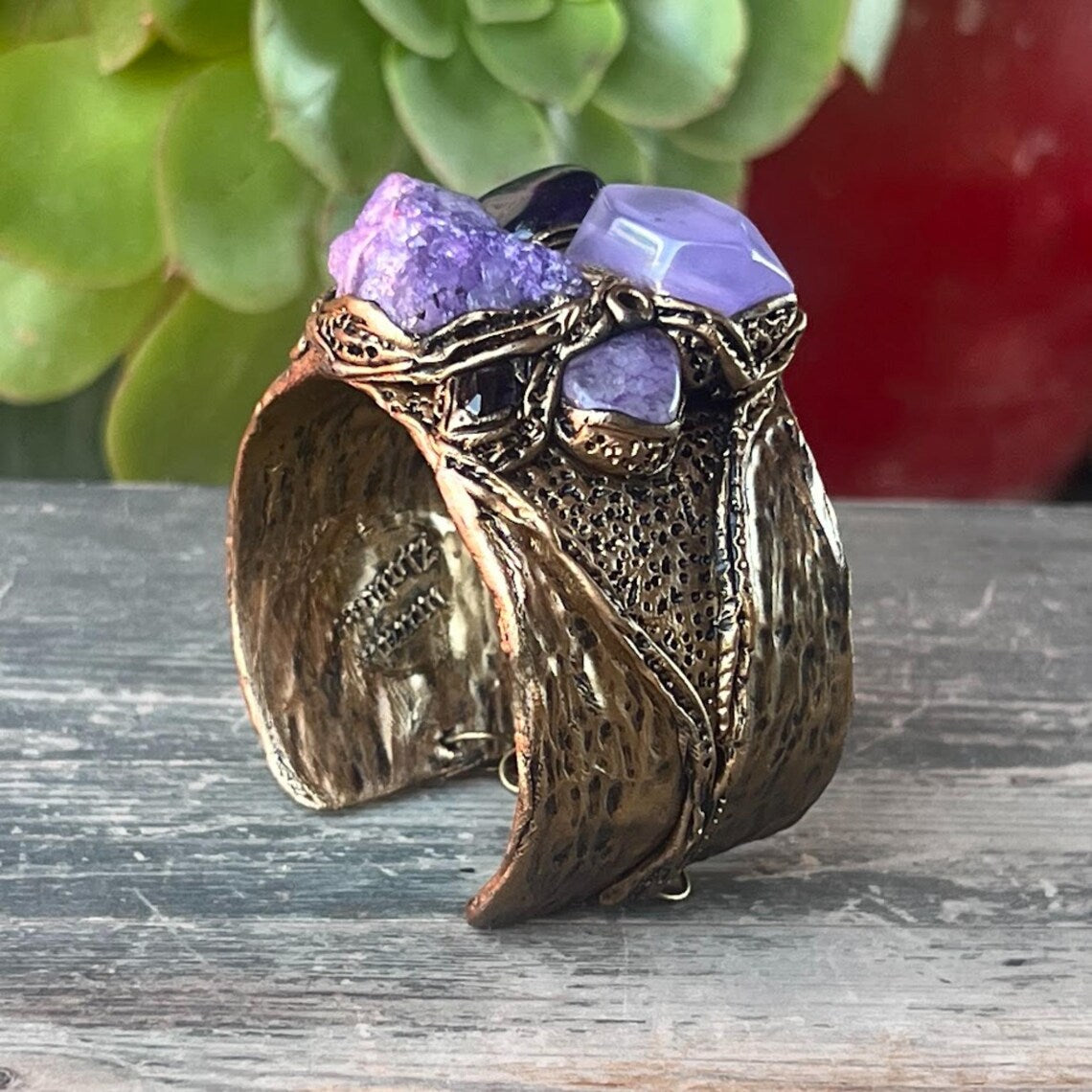 Purple Quartz, Agate & Chalcedony Wide Cuff Bracelet – Modern Statement Jewelry