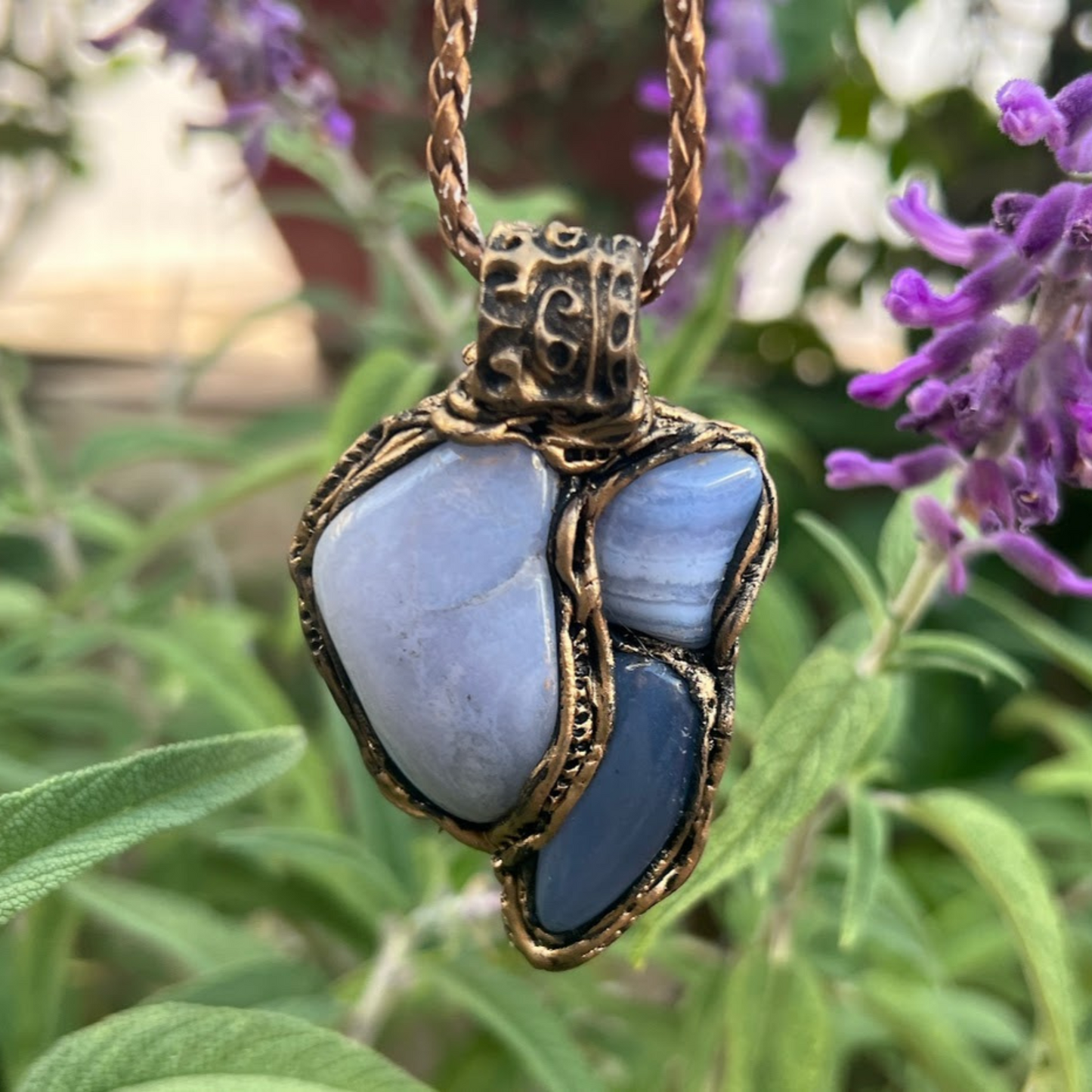 Blue Lace Agate & Chalcedony Large Stone Pendant Necklace