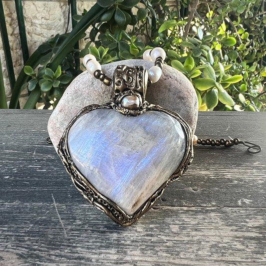 Rainbow Moonstone Large Heart Stone Pendant Necklace