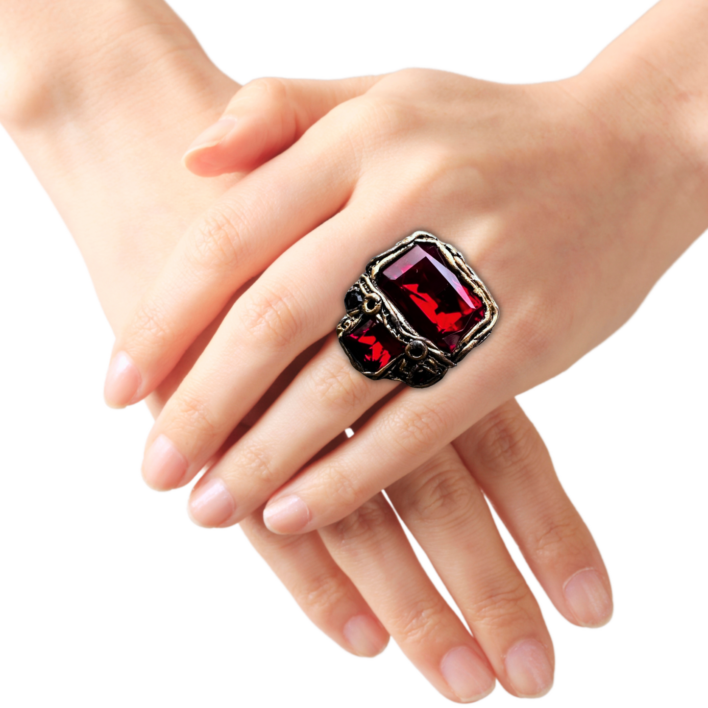 Chunky Dark Red Crystal Ring with Garnet CZ - Bold Cocktail Ring