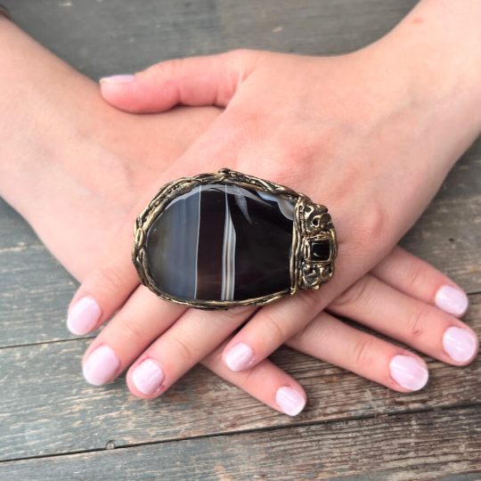 Agate large black stone ring, big chunky cocktail oversized huge ring