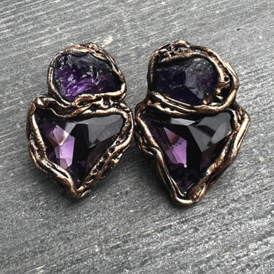 Raw Amethyst crystal purple stone triangle stud earrings