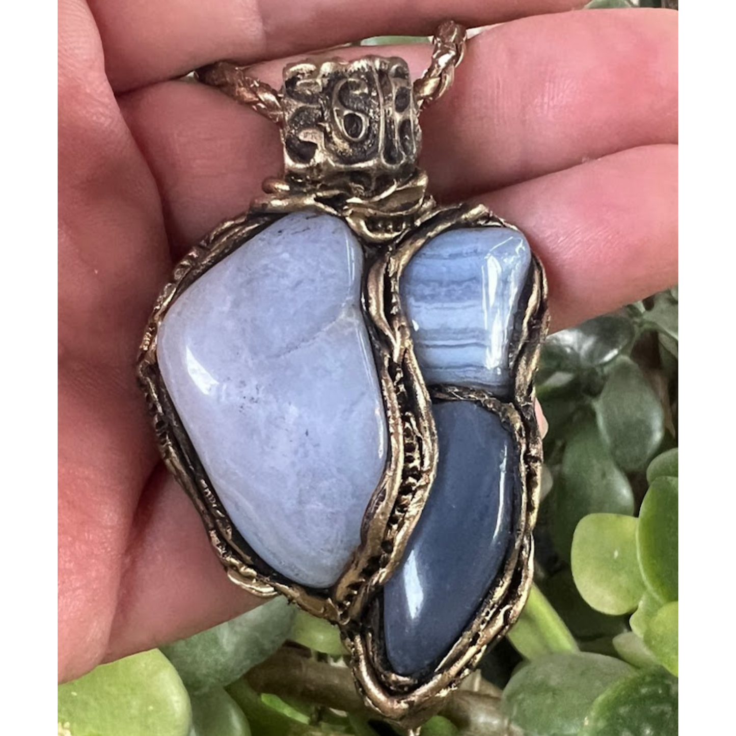 Blue Lace Agate & Chalcedony Large Stone Pendant Necklace