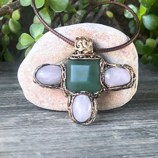 Rose Quartz Green Aventurine Necklace - Crystal Healing Pendant