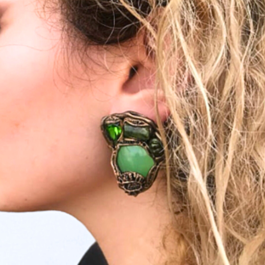 Jade Green Stone and Crystal Earrings, Big Statement Modern Earrings for a Stylish Aura