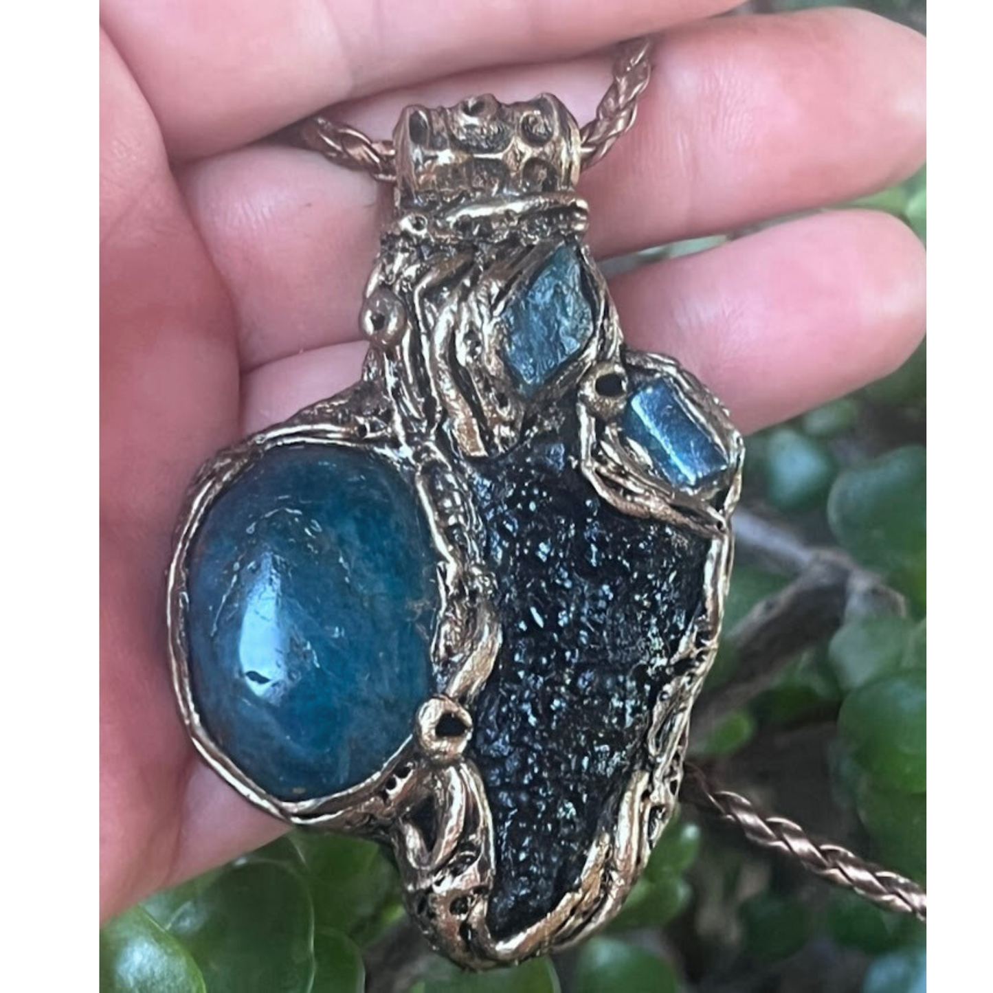 Meteorite Tektite and Blue Apatite gemstone necklace