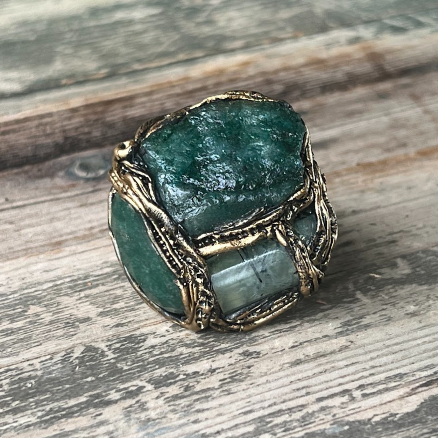 Raw Emerald & Jade Green Stone Ring with Prehnite - Chunky Gemstone Statement Jewelry