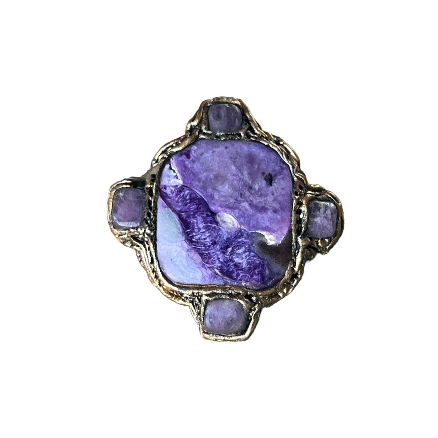 Large Charoite and Chalcedony Stone Ring, Chunky Purple Crystal Cocktail Ring