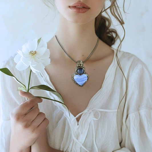 Heart Necklace with Blue Lace Agate & Chalcedony - Statement Crystal Pendants