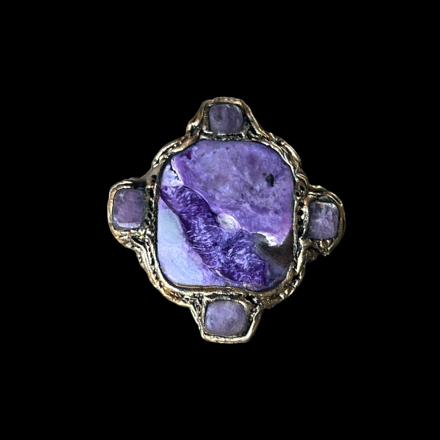 Large Charoite and Chalcedony Stone Ring, Chunky Purple Crystal Cocktail Ring