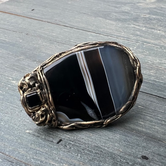 Agate large black stone ring, big chunky cocktail oversized huge ring