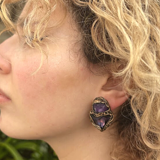 Raw Amethyst crystal purple stone triangle stud earrings