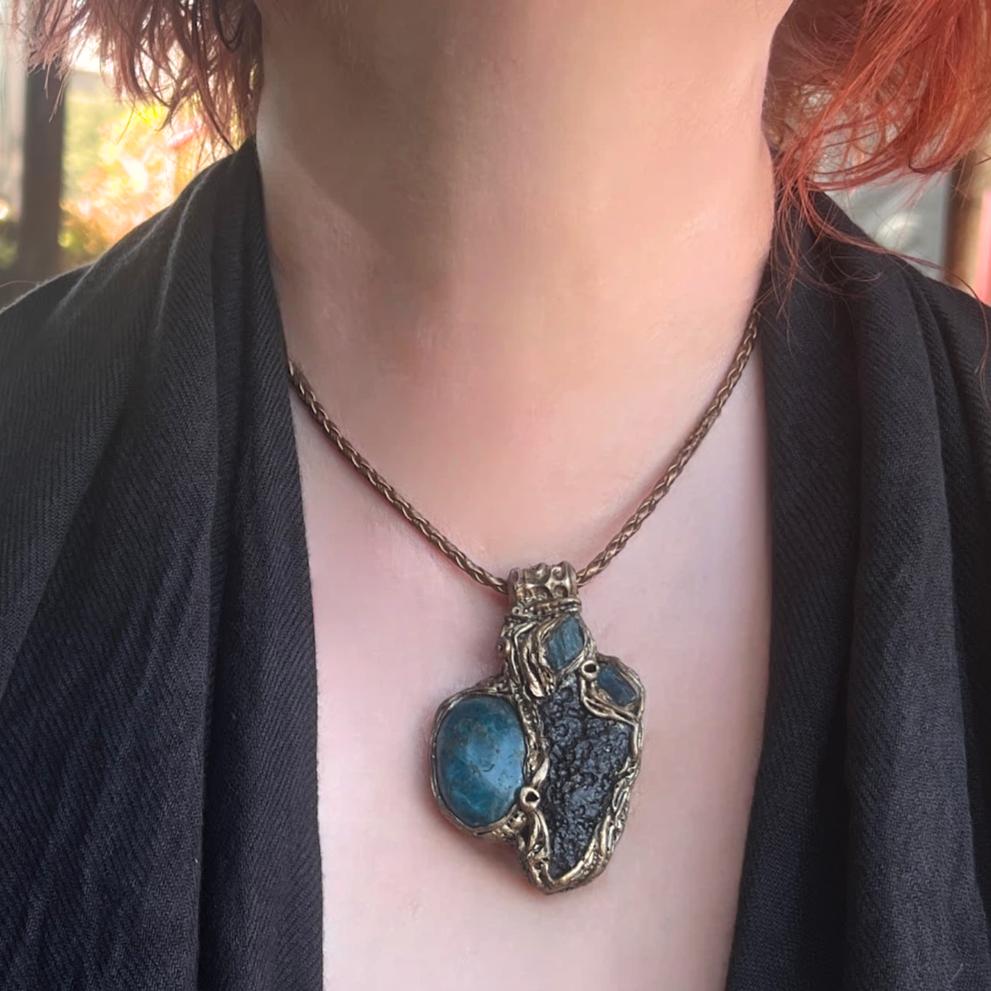 Meteorite Tektite and Blue Apatite gemstone necklace