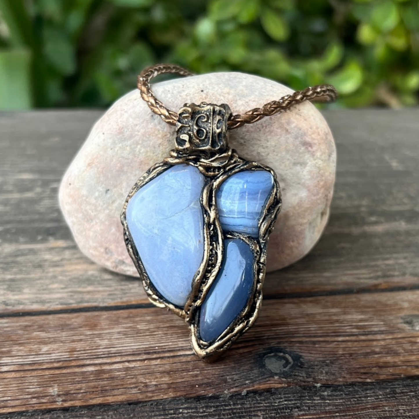 Blue Lace Agate & Chalcedony Large Stone Pendant Necklace