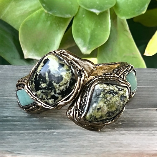 Green Stone Chunky Bracelet with Serpentine and Aventurine - Hinged Cuff