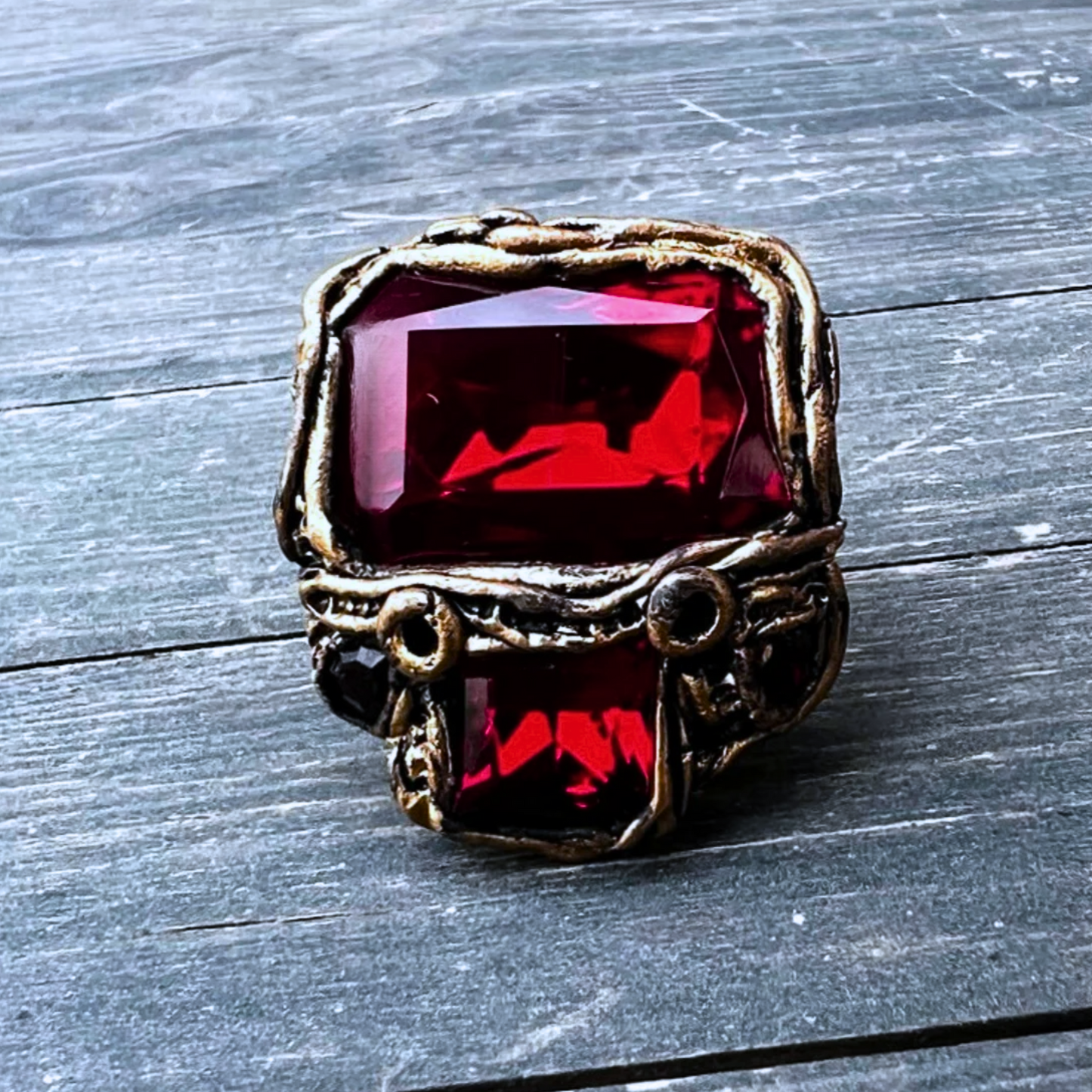 Chunky Dark Red Crystal Ring with Garnet CZ - Bold Cocktail Ring