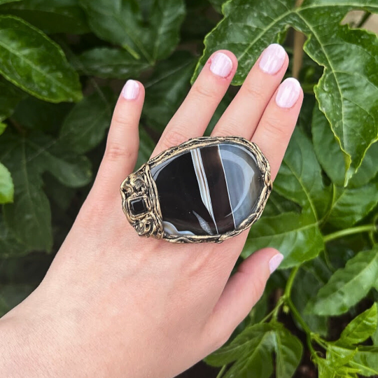 Agate large black stone ring, big chunky cocktail oversized huge ring