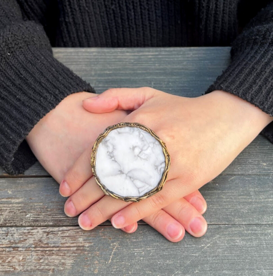 Large Howlite White Stone Round Ring, Chunky Big Statement Cocktail Ring