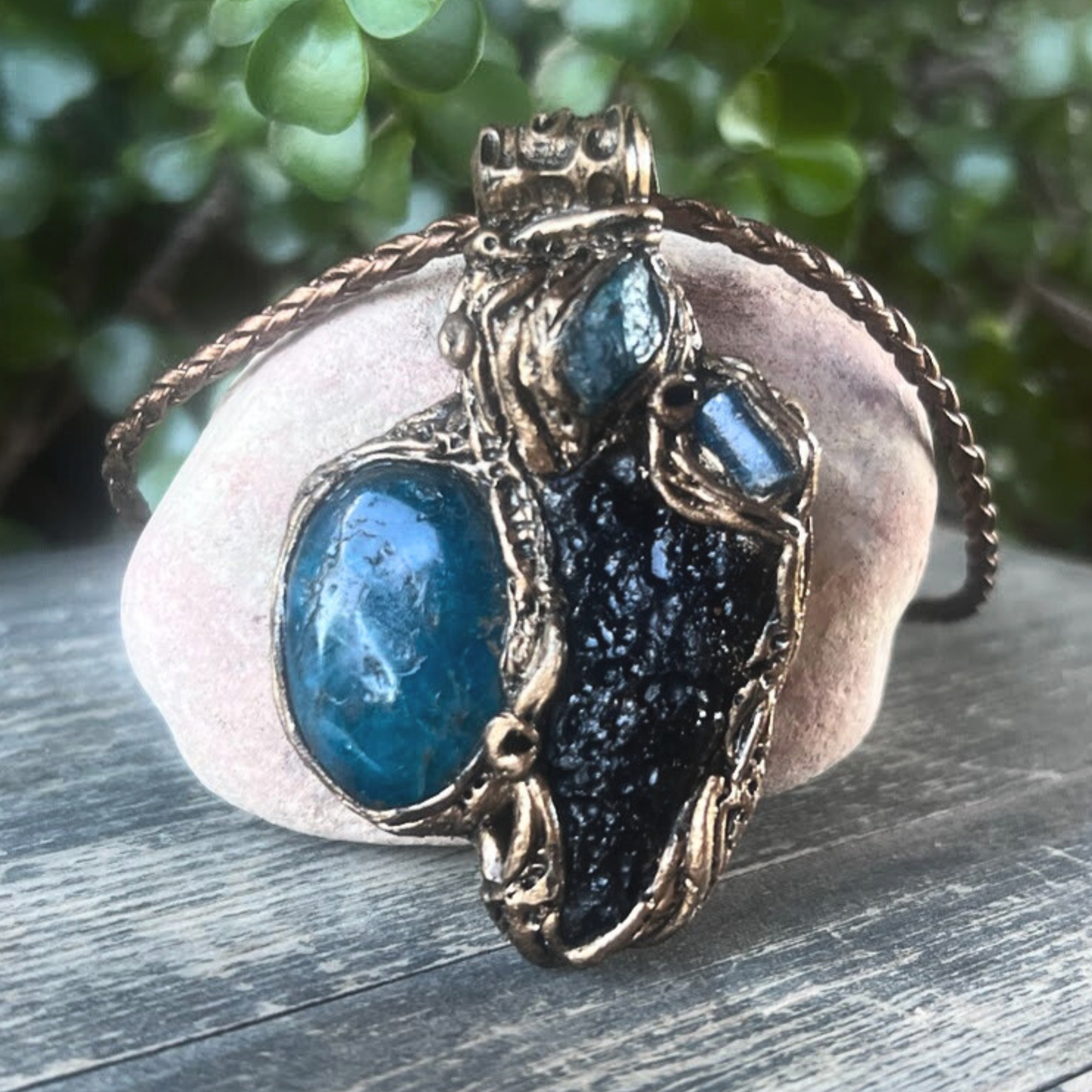 Meteorite Tektite and Blue Apatite gemstone necklace