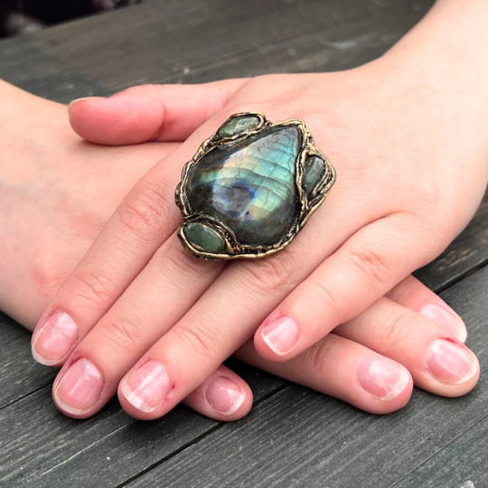 Rainbow Labradorite & Green Aventurine Chunky Large Stone Cocktail Ring