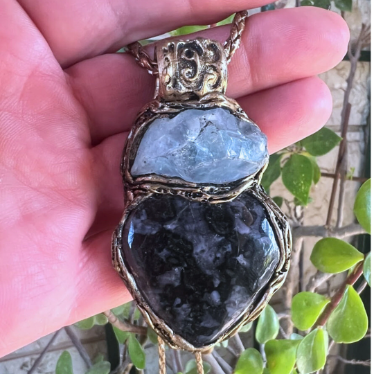 Raw Crystal Celestite Pendant Necklace with Gabbro Jasper