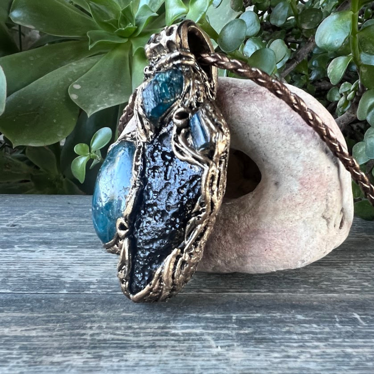 Meteorite Tektite and Blue Apatite gemstone necklace