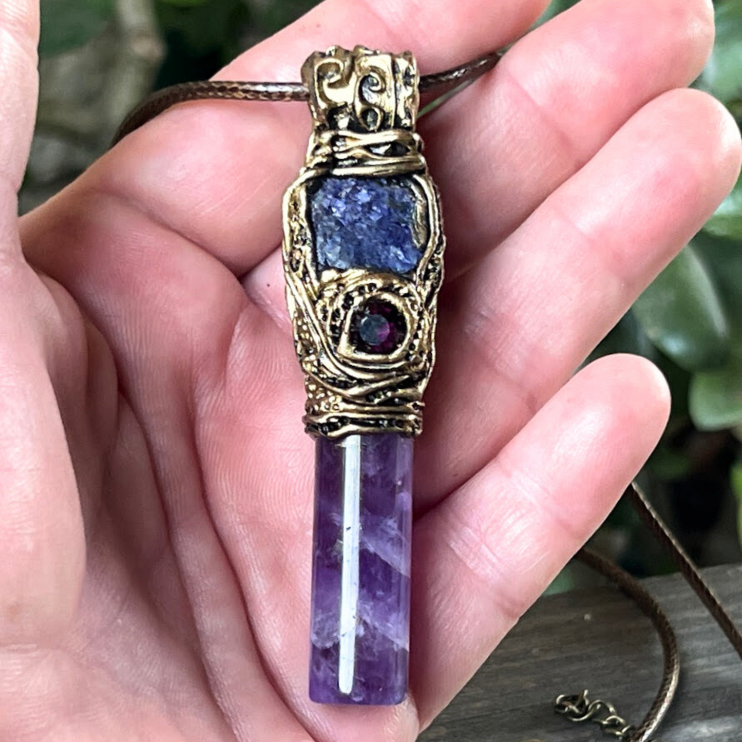 Amethyst & Tanzanite Pendant - Raw Crystal Healing Necklace