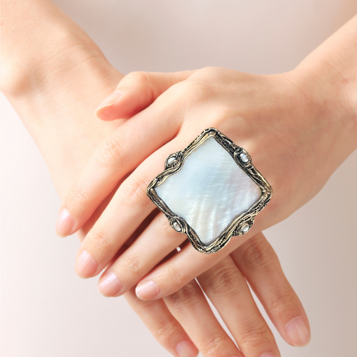 Mother of Pearl White Cocktail Chunky Ring, Bohemian Jewelry Gift for Her