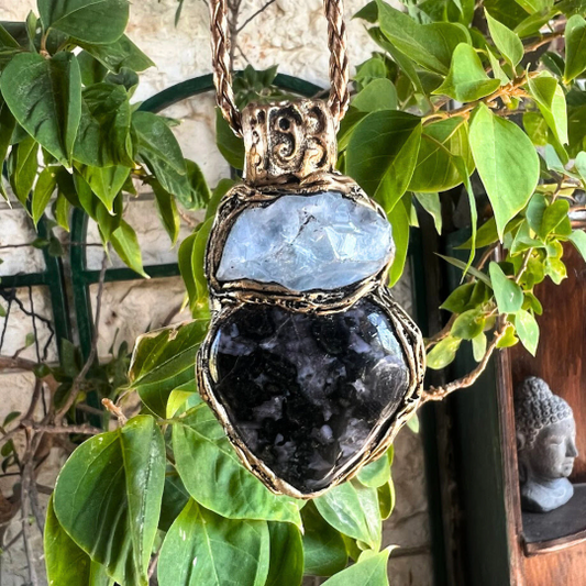 Raw Crystal Celestite Pendant Necklace with Gabbro Jasper