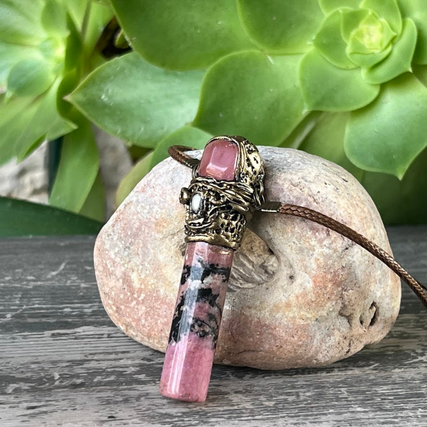 Rhodonite & Cherry Quartz Pendant - Healing Crystal Stone Protection Necklace Gift