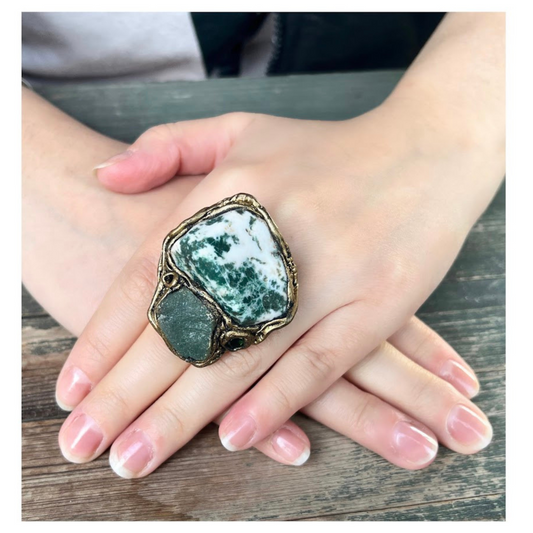 Green Aventurine and Tree Agate Chunky Statement Cocktail Ring