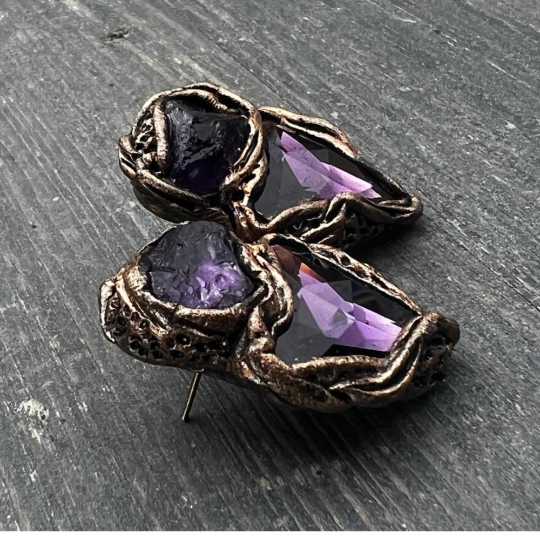 Raw Amethyst crystal purple stone triangle stud earrings