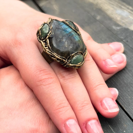 Rainbow Labradorite & Green Aventurine Chunky Large Stone Cocktail Ring