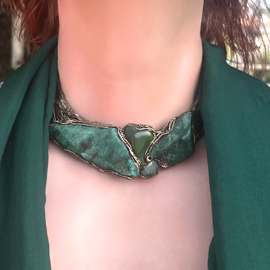 Green Gemstone Chunky Choker Collar Necklace | Aventurine & Buddstone Jewelry