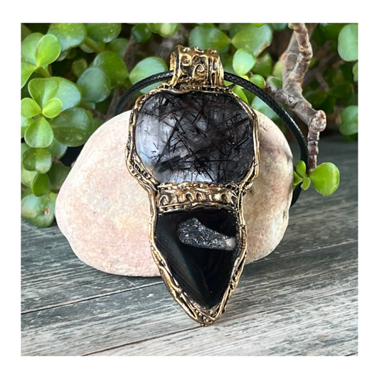 Empath Protection Crystal Pendant - Black Rutilated Tourmaline Quartz & Onyx Necklace
