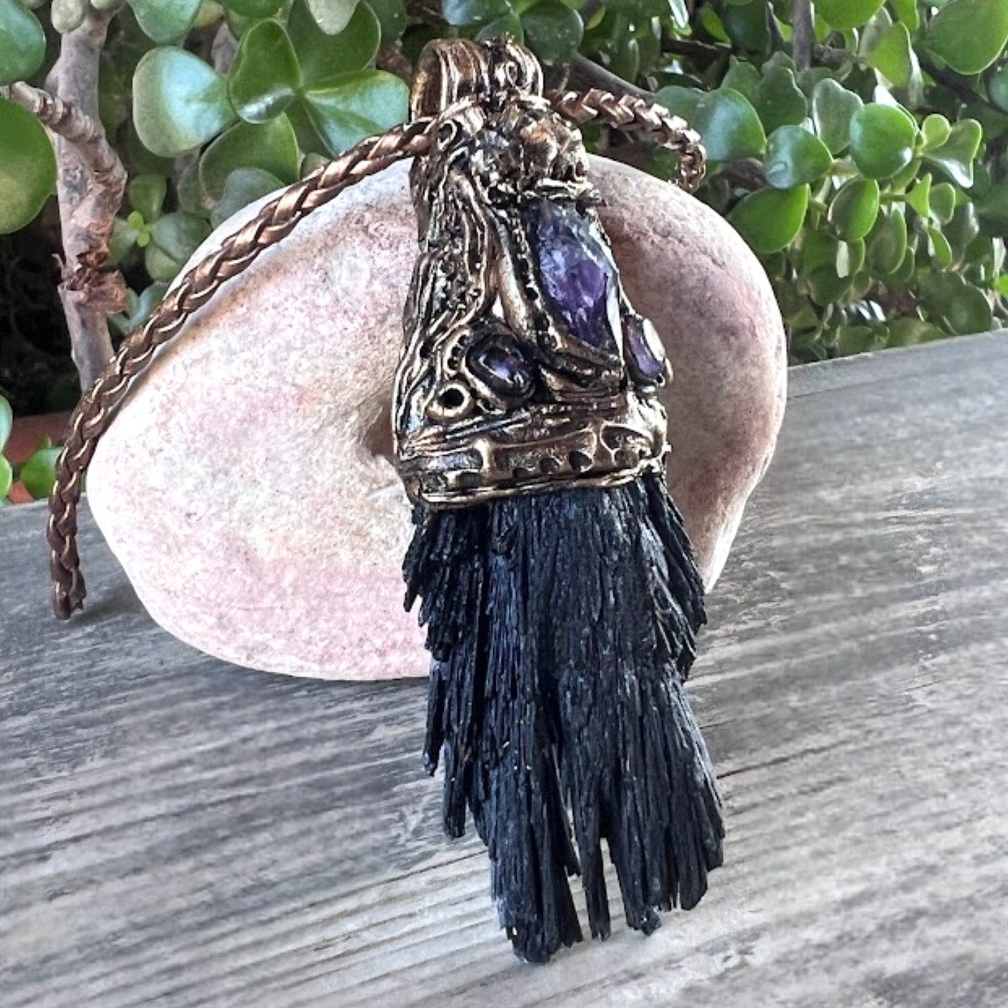 Black Kyanite & Amethyst Empath Protection Necklace, Raw Crystal Amulet