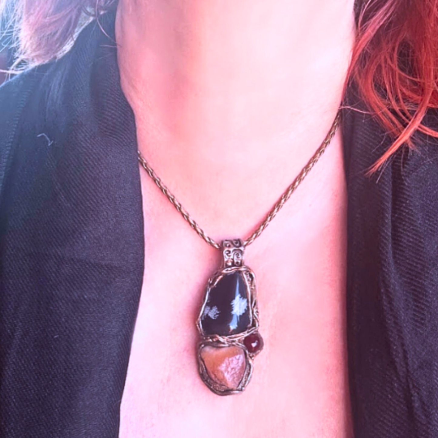 Snowflake Obsidian and Carnelian Raw Crystal Pendant Necklace, Large Stone Healing Amulet for Balance and Energy