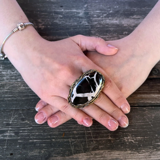 Chunky Black Gemstone Ring, Statement Cocktail Crystal Ring, Unique Gifts for Her