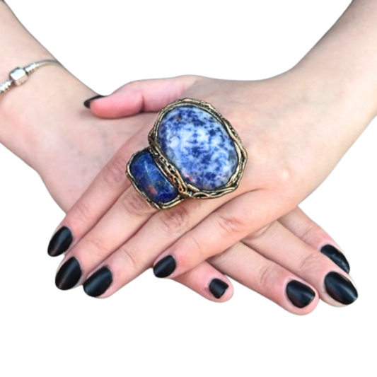 Blue Chunky Gemstone Ring with Lapis Lazuli and Jasper, Oversized Cocktail Statement