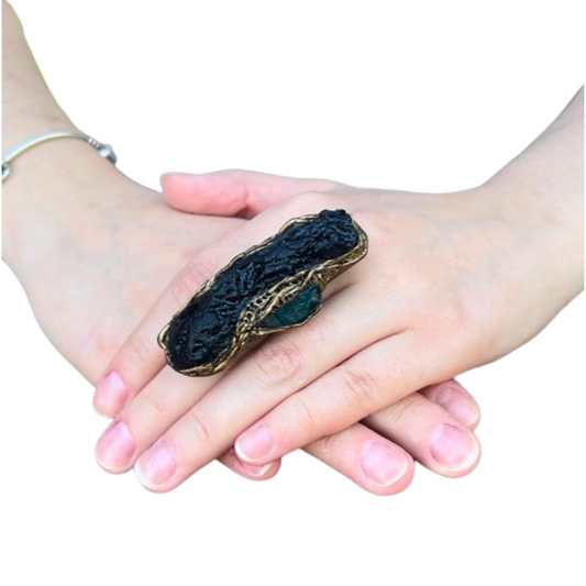 Meteorite Tektite and Blue Apatite Full Finger Raw Stone Ring