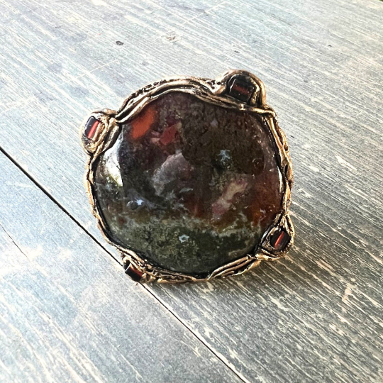 Bloodstone Large Stone Chunky Round Ring, Statement Big Cocktail Ring