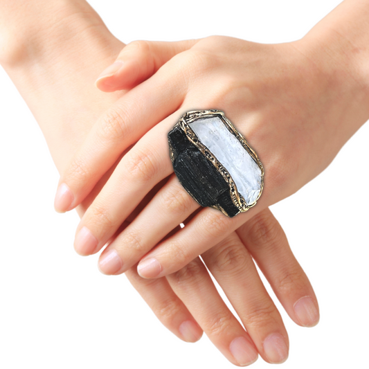 Black Tourmaline & Calcite Chunky Ring - Empath Protection Jewelry