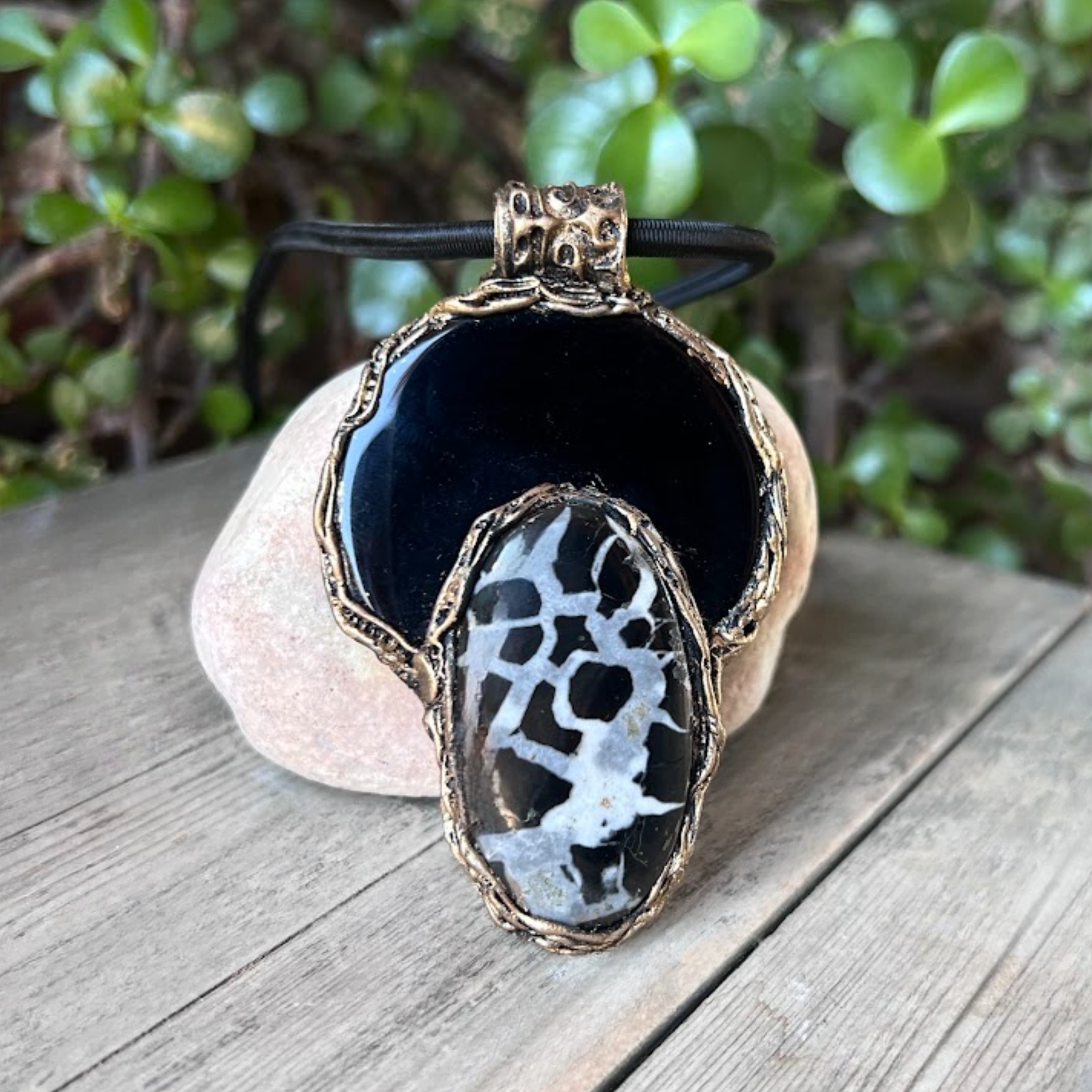 Large black Obsidian and Septarian stone pendant necklace, bold empath protection crystal amulet.