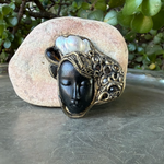 Handmade Baroque Pearl brooch with sculptural woman profile, Czech crystals and antique gold details, one-of-a-kind statement pin.