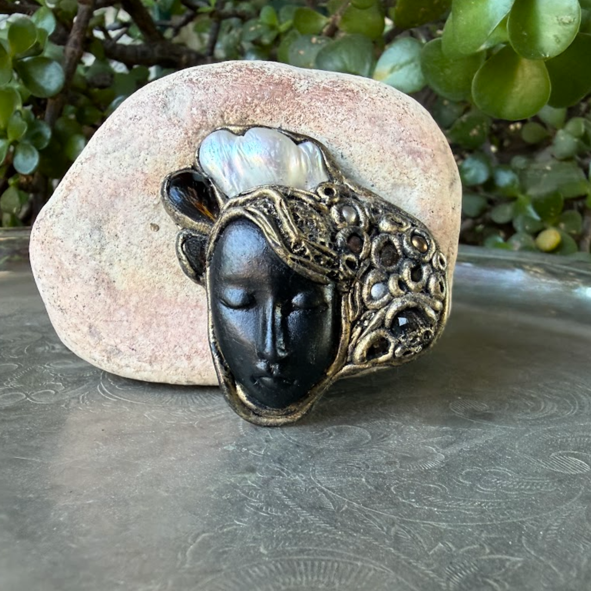 Handmade Baroque Pearl brooch with sculptural woman profile, Czech crystals and antique gold details, one-of-a-kind statement pin.