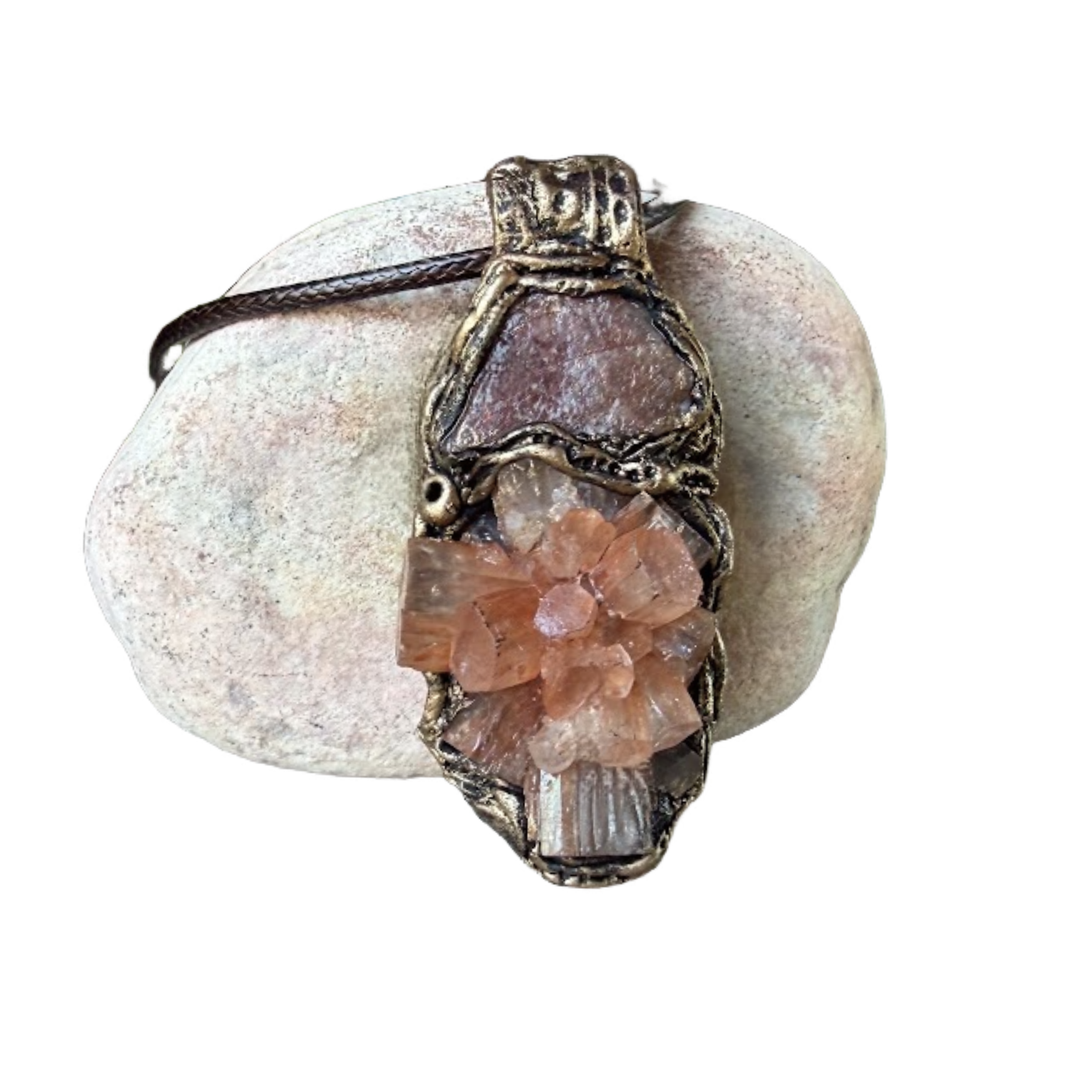 Sunstone and Aragonite cluster pendant necklace with natural raw crystals, handcrafted one-of-a-kind gemstone amulet for joy and grounding.