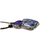 Lepidolite and Amethyst heart pendant necklace with natural purple gemstones, handcrafted large crystal amulet in a one-of-a-kind design.