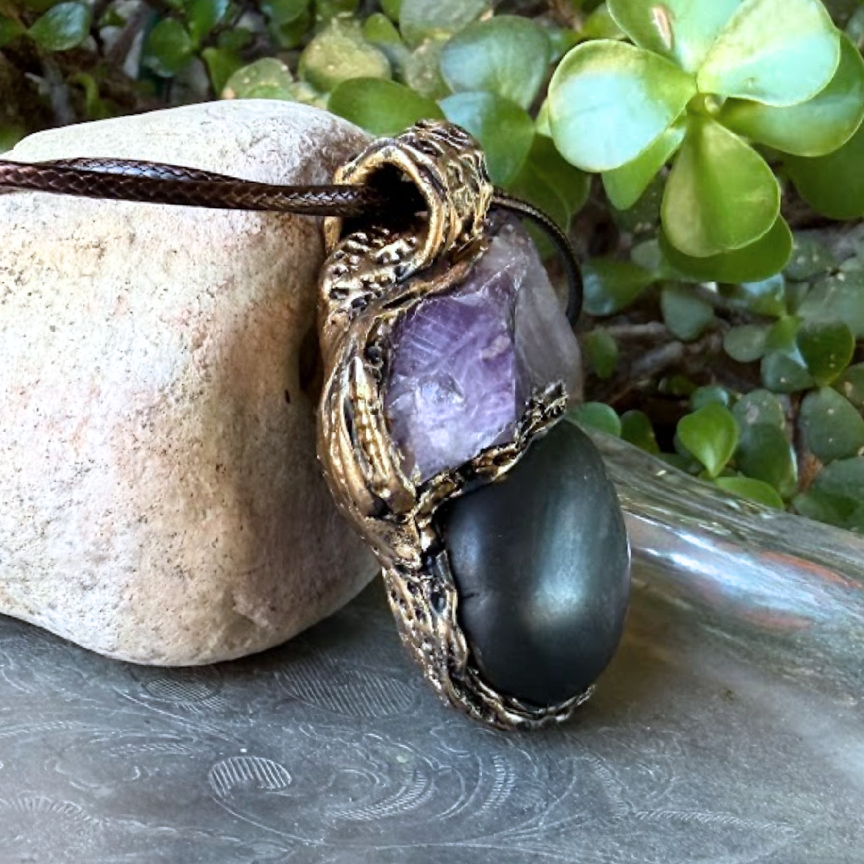 Shungite and raw Amethyst pendant necklace with genuine natural gemstones, handcrafted empath protection crystal amulet for grounding and intuition.