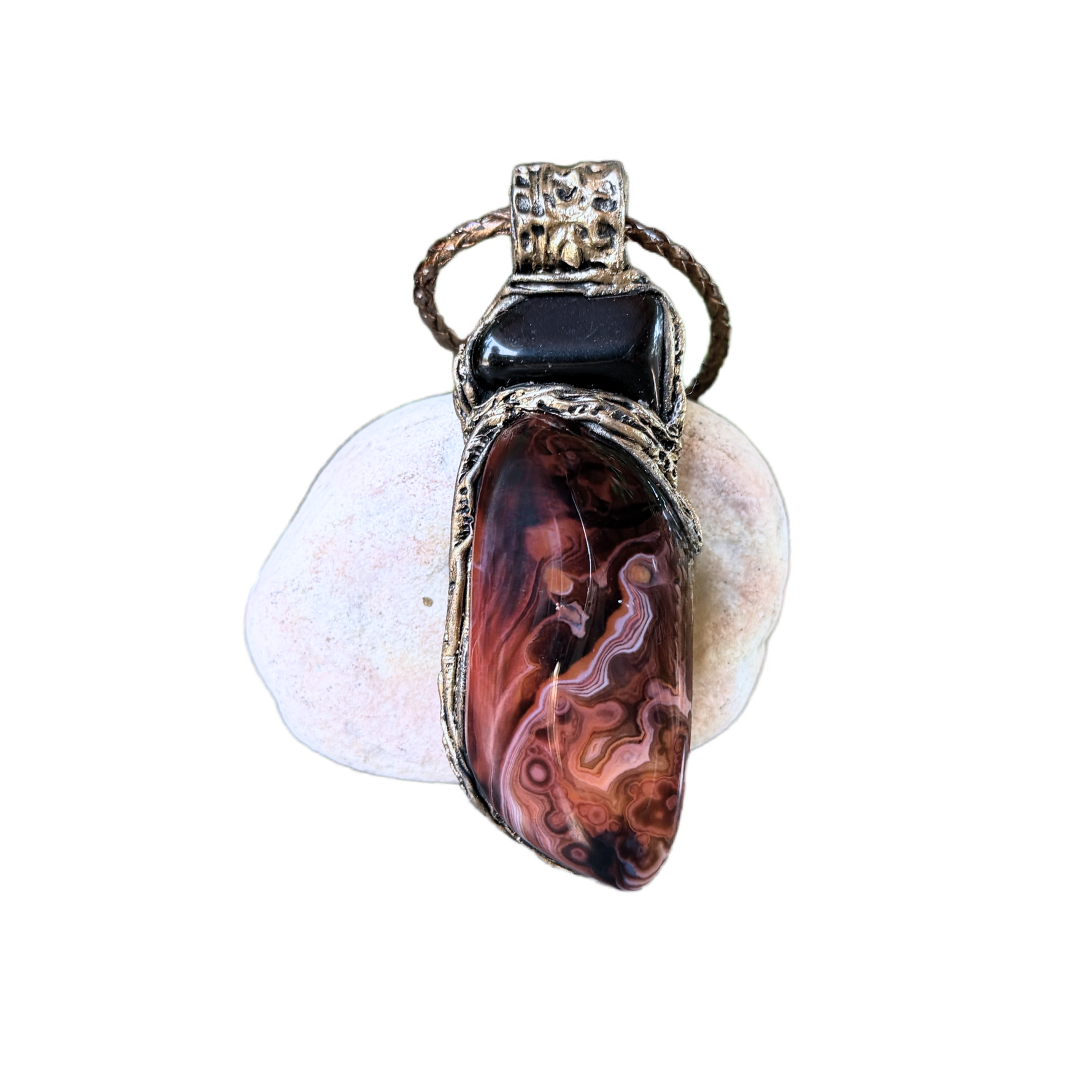 Sardonyx and Obsidian pendant necklace with natural red and black stones, handcrafted protection crystal amulet.